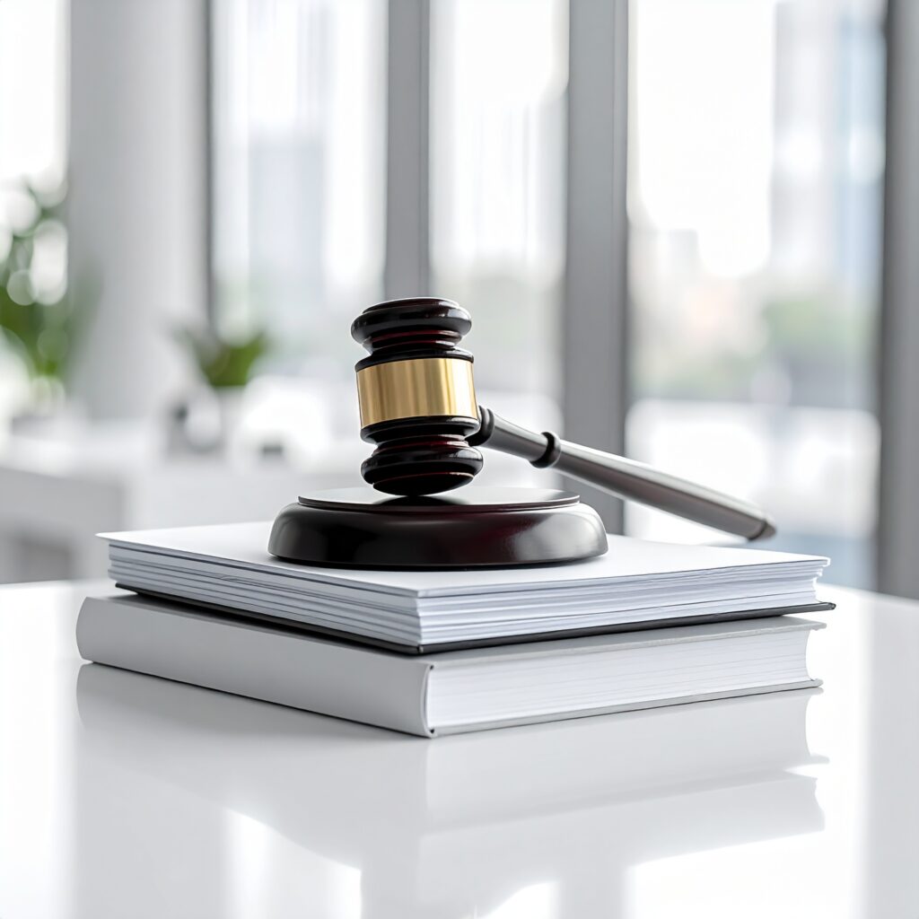 Firefly A sleek modern polished wood and metal gavel resting on a stack of clean legal docum 798843